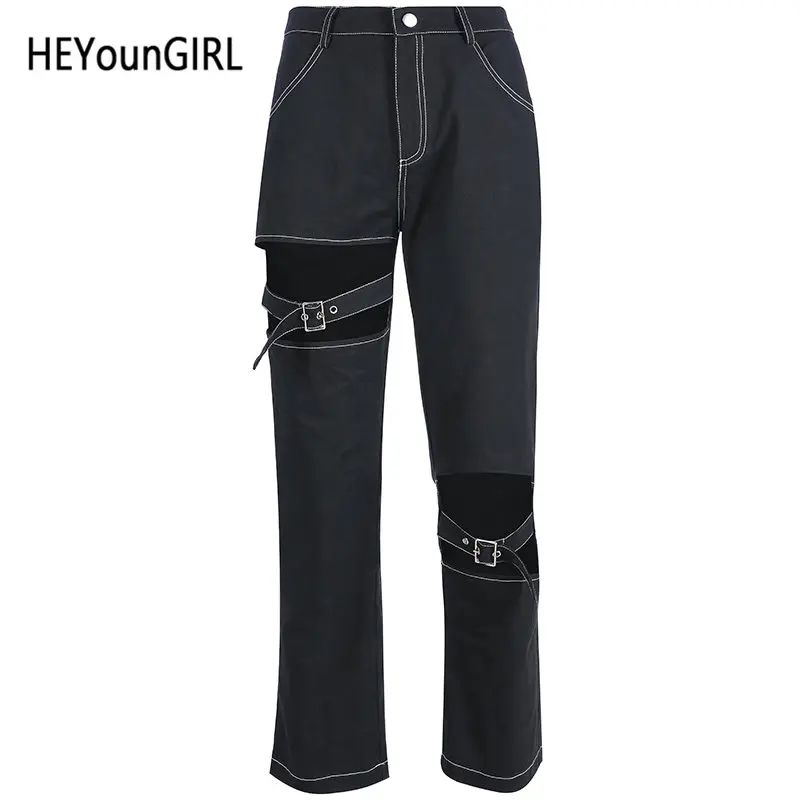 HEYounGIRL повседневные брюки Харадзюку женские черные брюки с высокой талией Капри с вырезами прямые брюки Дамская Готическая летняя уличная одежда - Цвет: Черный
