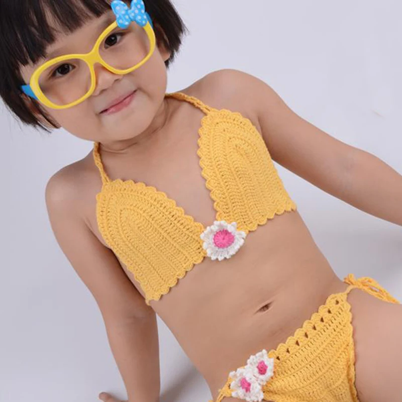 

Handmade Crochet Bikini Children Cotton Swimsuit Girls Swimwear For Baby Toddler Beachwear Strappy Bikini Bathing Suits S M L