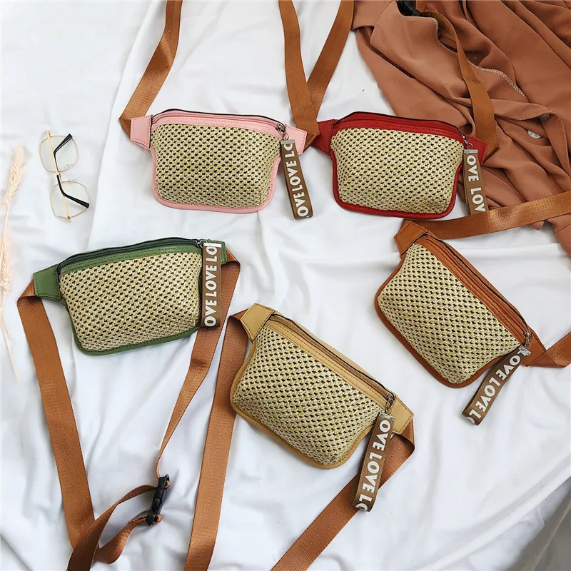 Women Waist Straw Bag Female Woven Phone Money Pouch Belt Bag Fashion