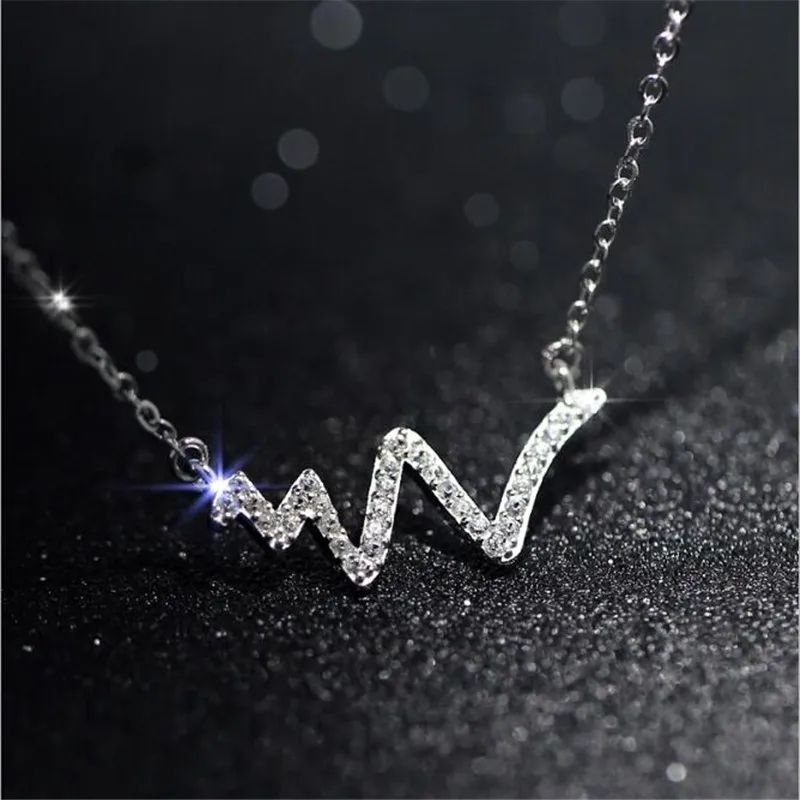 

New Flash Crystal Wave 925 Sterling Silver Fashion Jewelry Female Electrocardiogram Clavicle Chain Pendant Necklace N16