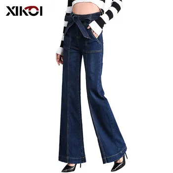 

XIKOI Spring Fall Mid Waist Flare Jeans Pants Stretch Skinny Jeans Women Wide Leg Slim Hip Denim Boot Cut Trousers With Sashes