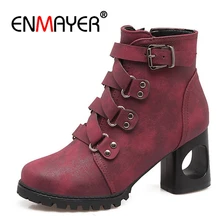 ENMAYER Woman high heel Ankle boots Winter Women Warm Buckle strap Ankle Boots Lady Platform Shoes Buckle strap Zipper PU CR587 ENMAYER Woman high heel Ankle boots Winter Women Warm Buckle strap Ankle Boots Lady Platform Shoes Buckle strap Zipper PU CR587