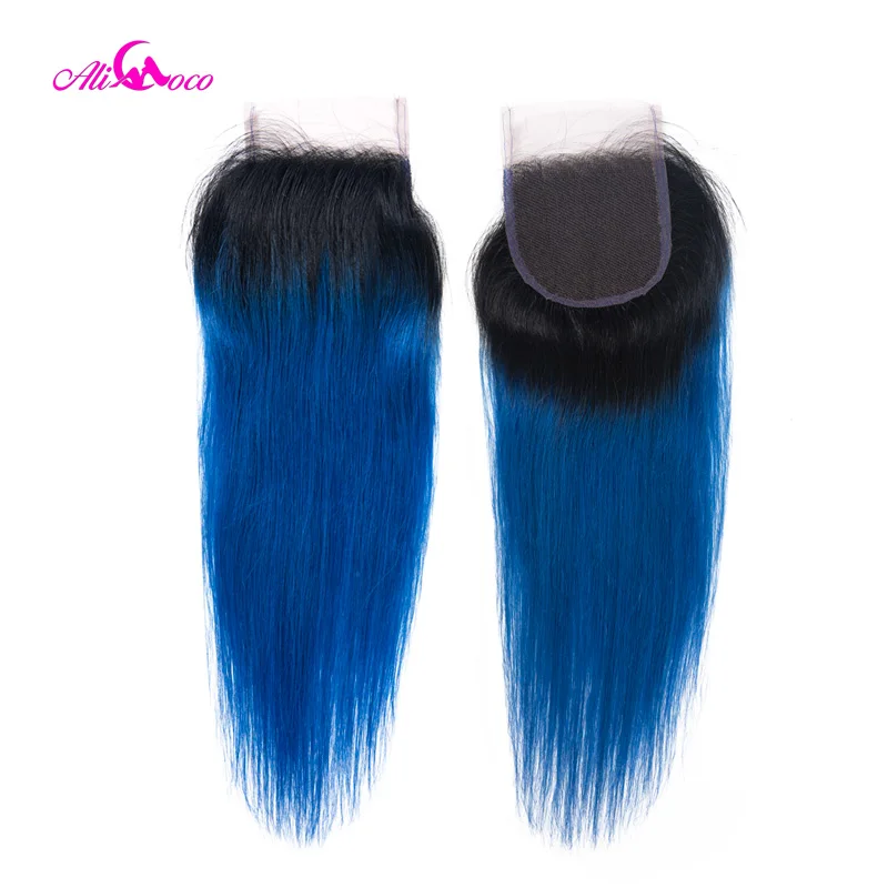 Ali Coco 3/4 Связки и закрытие 1B/синий бразильские прямые волосы с закрытием 10-28 дюймов Remy человеческие волосы расширения