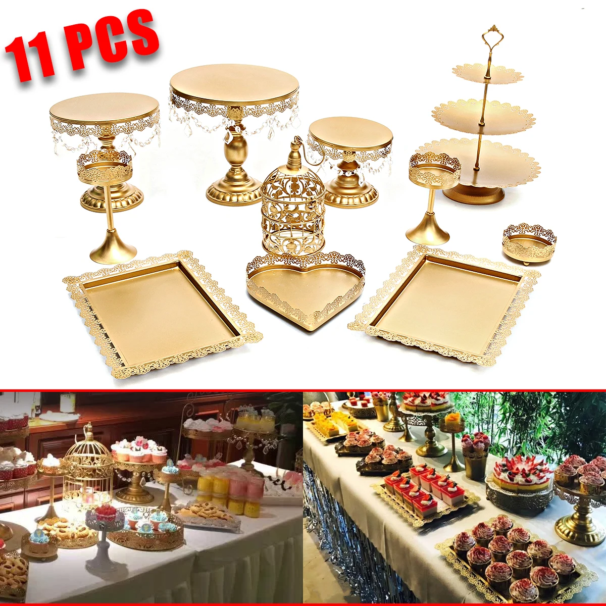 

11Pcs White Gold Crystal Pearl Metal Cake Stand Cupcake Dessert Serving Rack Holder Party Wedding Banquet Table Decorations
