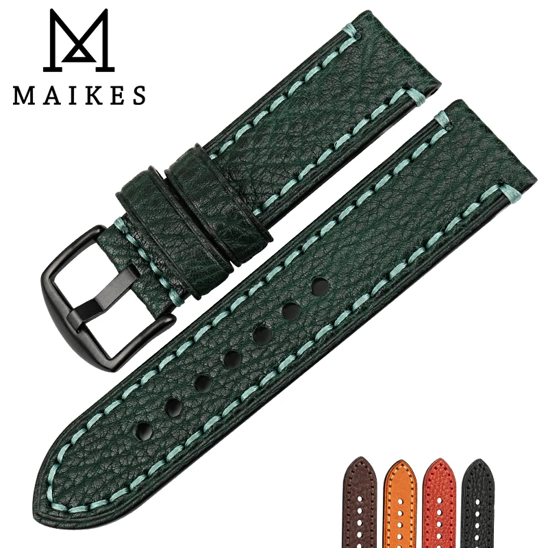 

MAIKES Watch Accessories Handmade Genuine Green leather watch band 20mm 22mm 24mm 26mm watchbands men watch strap for Panerai