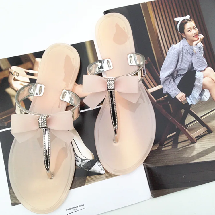 

2019 Summer New Bow Female Sandals Plating T With Pinch Flip Flops Slippers Single Shoes Jelly Shoes Slippers For Home