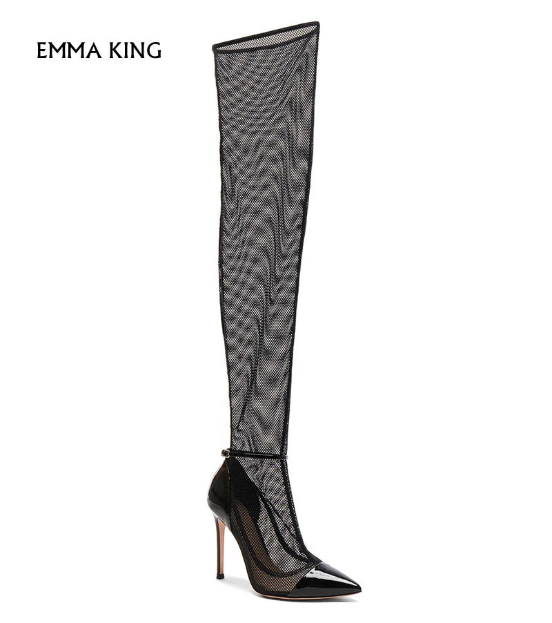 

EMMA KING Spring/Summer Stretch Mesh Upper Long Boots Approx 10CM Heel Ankle Strap With Buckle Closure Patent leather Pumps