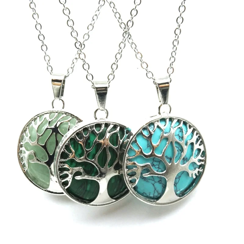 

12 Colors Tree of Life Necklaces Round Natural Stone Pink Quartz White Crystal Lapis Lazuli Tiger Eye Opal Pendants Jewelry