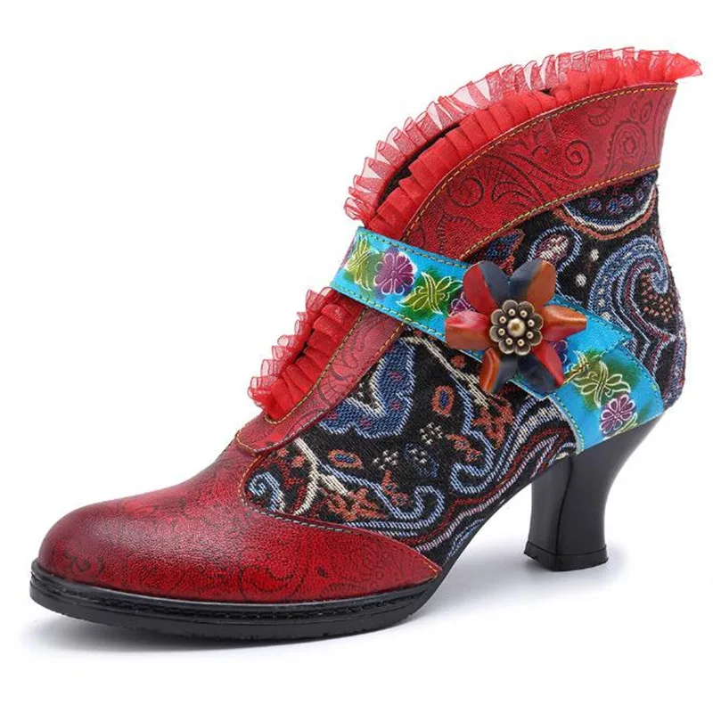 

New flowers Lace Handmade multicolour Spanish Style Women's Boots High Heels mid heel ankle boots XL martin boots boty