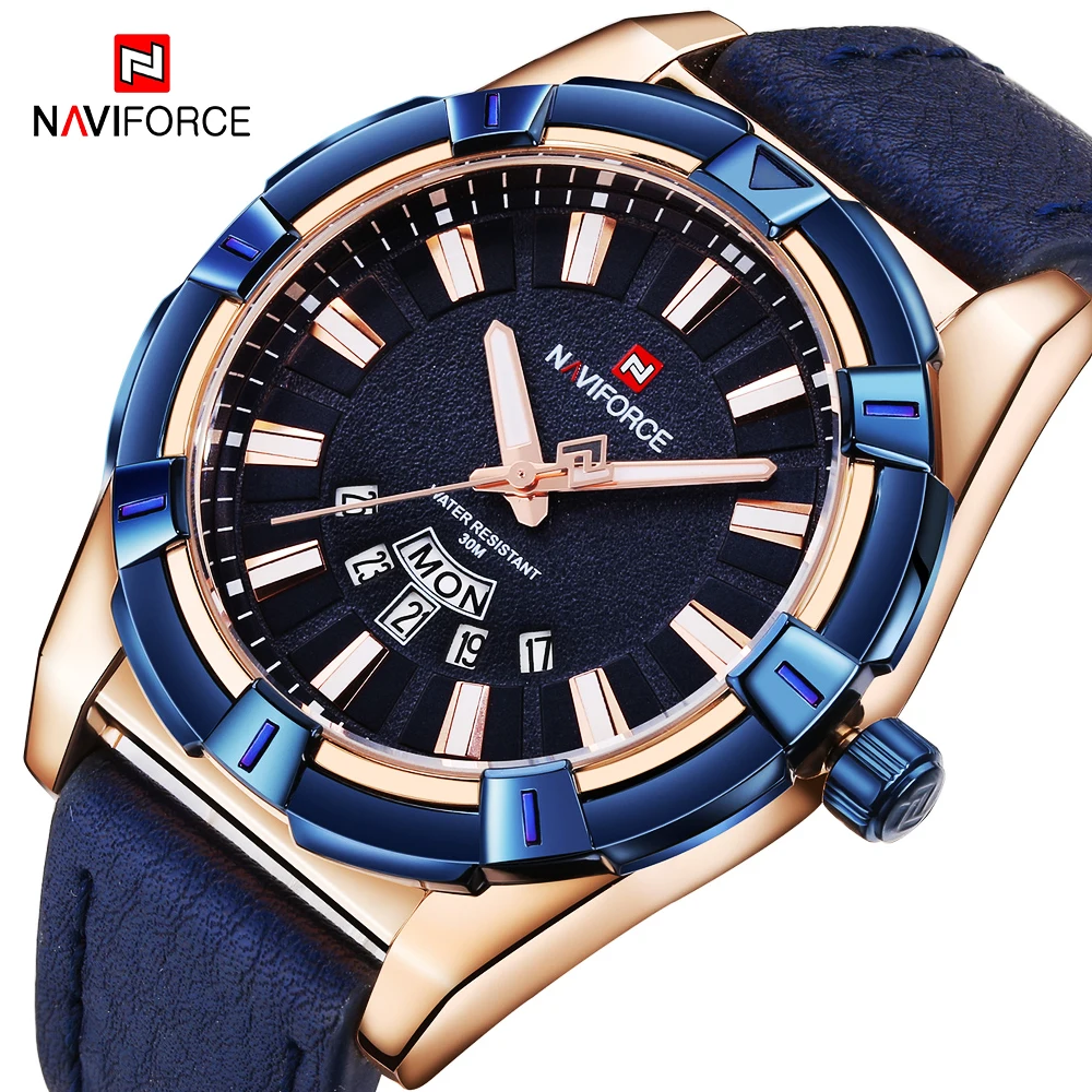 NAVIFORCE часы модные синие кожаные мужские лучший бренд Роскошные Спортивные
