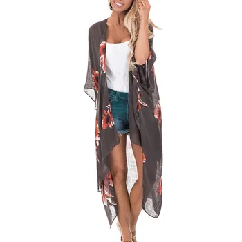 

2020 Fashion Women Floral Print Cardigan Bikini Cover Up Summer Chiffon Kaftan Beach Tunics Swimsuit Smock Beachwear Beach Capes