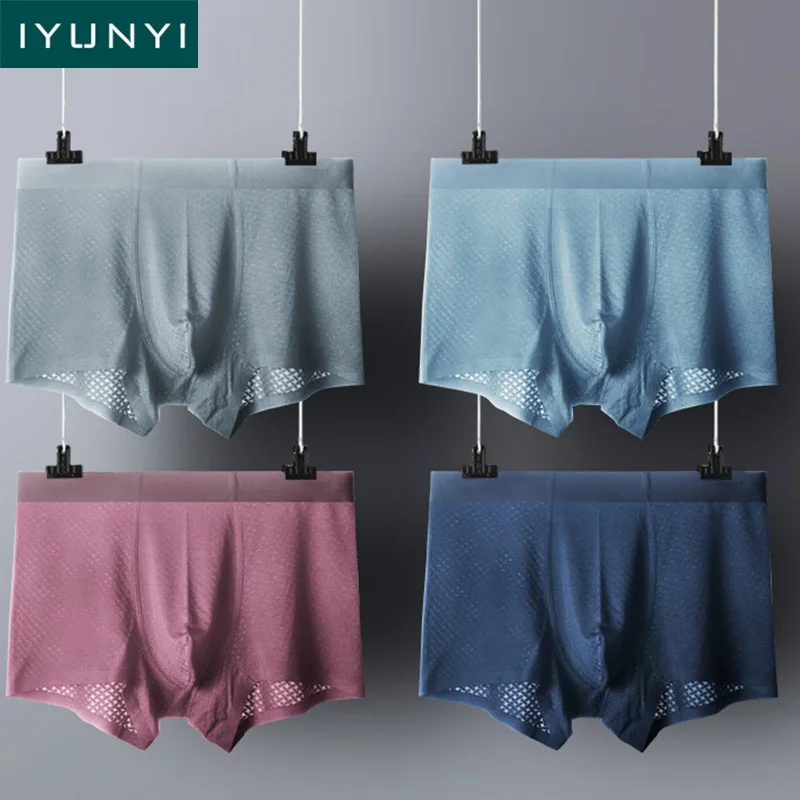 

IYUNYI 4pcs/lot Ice Silk Seamless Underwear Men Boxer Shorts Modal Jacquard Mens U Convex Big Pouch Cuecas Boxers Male Panties