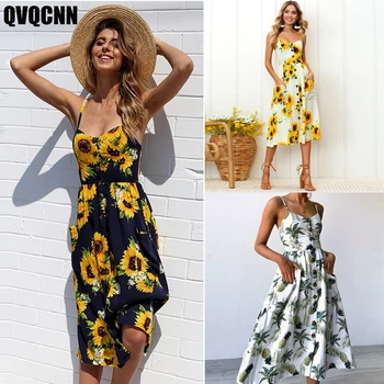 

Summer Sunflower Pineapple Geometric Pattern Print Sling Button Bucky Sexy Dress Female Dress Elegant Clothes Women