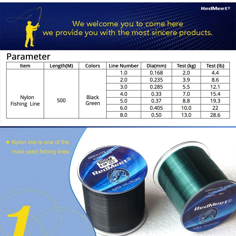 Lago de Pesca Linha de Pesca Linha de Pesca de Nylon Acessórios de Pesca Equipamento de Pesca Redmeet Novo de Nylon Durável 500 m Forte Verde e preto Ferramentas 7 High Quality Esporte e Lazer