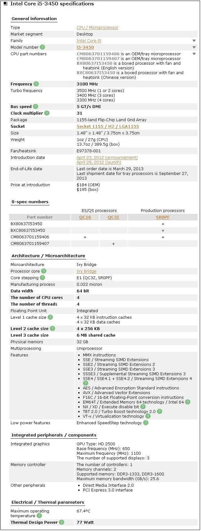 Процессор Intel Core i5 3450 3,10 GHz Quad Core 6M Socket 1155 CPU srnapf