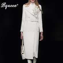 Bqueen Осень и Зима Новая мода отложной воротник двубортный темперамент Тонкий белый женский базовый шерстяной пальто