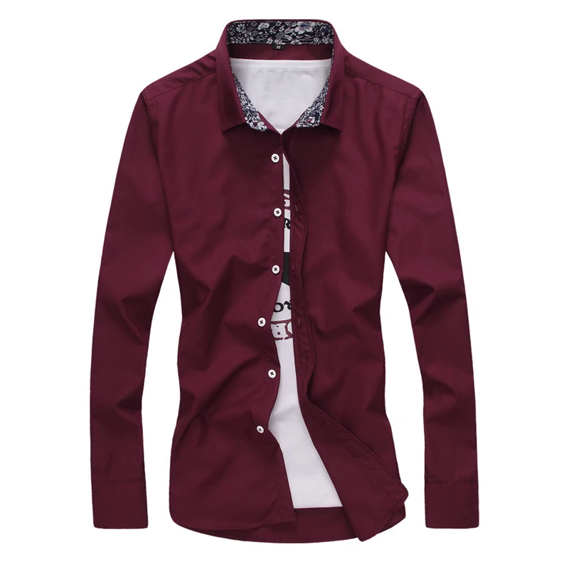 Модные мужские однотонные рубашки с длинным рукавом и отложным воротником, мужская рубашка, Повседневная Деловая Рабочая Рубашка, мужская приталенная рубашка Camisa De Hombre - Color: Red