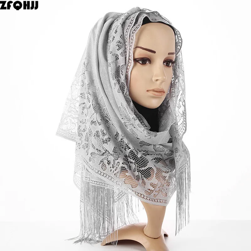ZFQHJJ женский шарф из хлопка и полиэстера, цветочный кружевной шарф, шаль с кисточками, вечерние, свадебные кружевные вуали, индийские мусульманские хиджабы шарфы