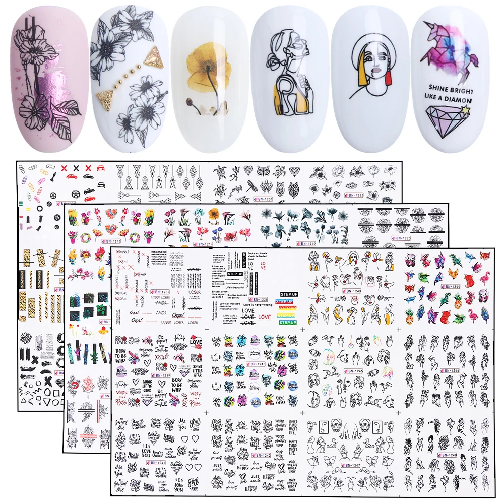 

12pcs Nail Stickers On Nails Hollow Line Drawing Slider Watermark Abstract Decoration Wrap Manicure Nail Art Decal JIBN1213-1248