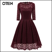 OTEN-Sexy-women-dress-Female-3-4-sleeve-O-Neck-Lace-Ladies-Party-Wear-Casual-Elegant