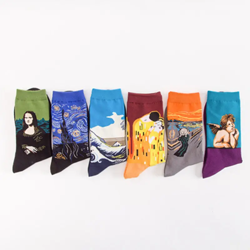 5 пара/лот, мужские носки, длинные хлопковые счастливые носки, мужские забавные художественные носки, цветные мужские модные Носки с рисунком Ван Гога
