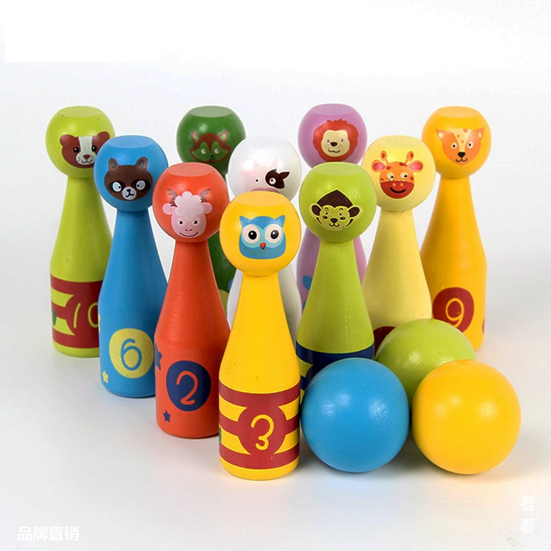 

WOODEN MINI BOWLING BALL SET Cartoon animal shape ball game Kids outdoor sport toys for color digital cognition