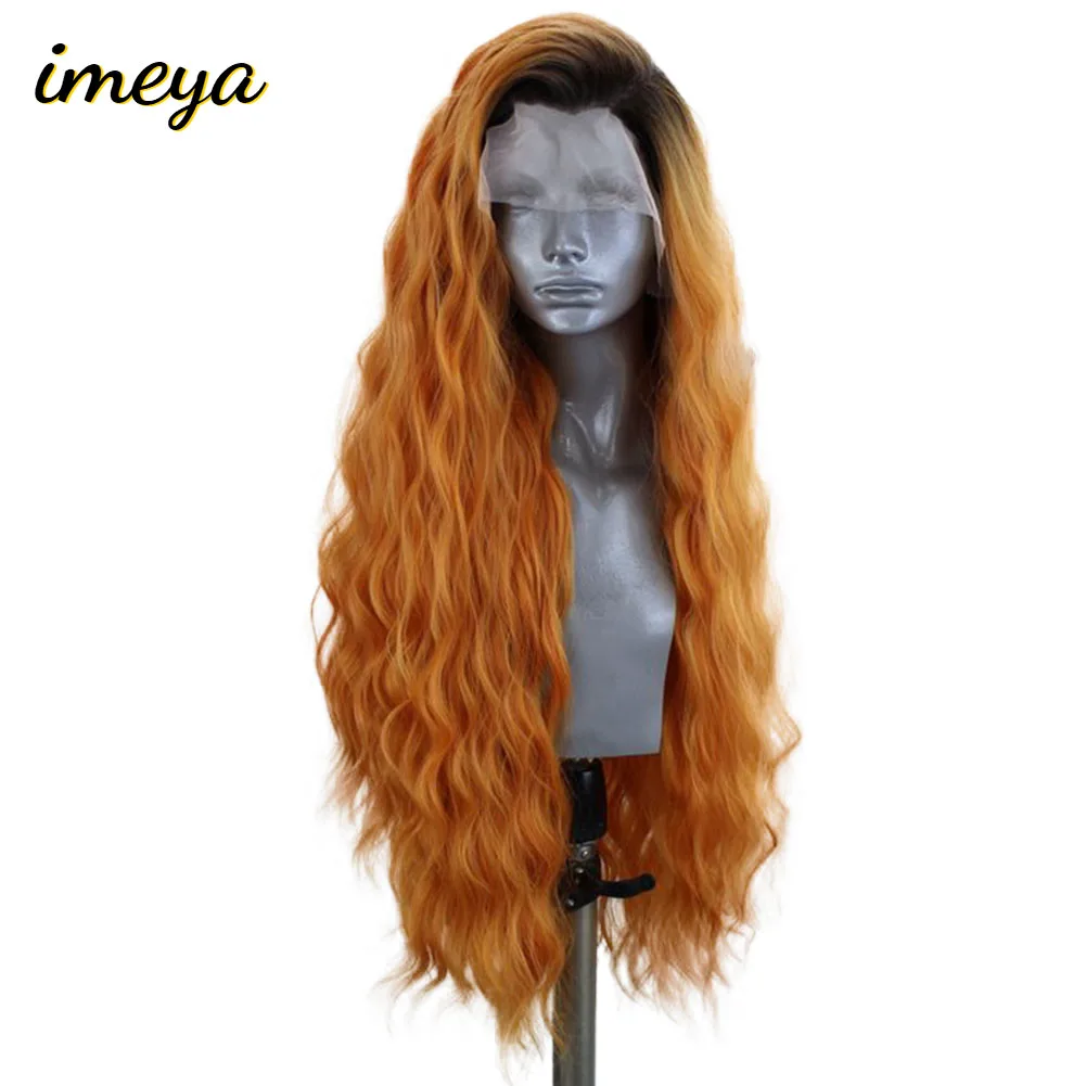 

Imeya Black Roots Long Wavy Synthetic Lace Front Wigs Ombre Orange For Women Heat Resistant Fiber Glueless Cosplay Wigs