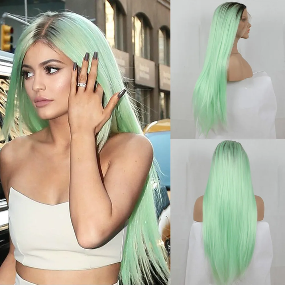 

Fashion Ombre Mint Green Long Straight Synthetic Lace Front Wig Glueless TwoTone Dark Brown/Green Heat Resistant Hair Women Wigs