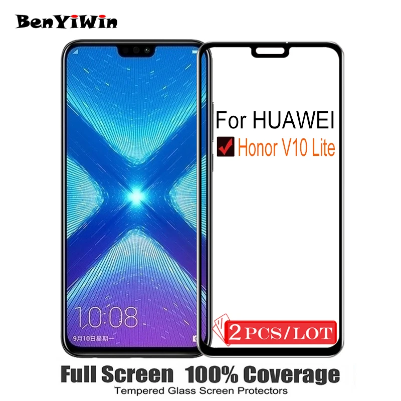 2 шт. 100% оригинальное закаленное стекло с полным покрытием для Huawei V10 Lite защита