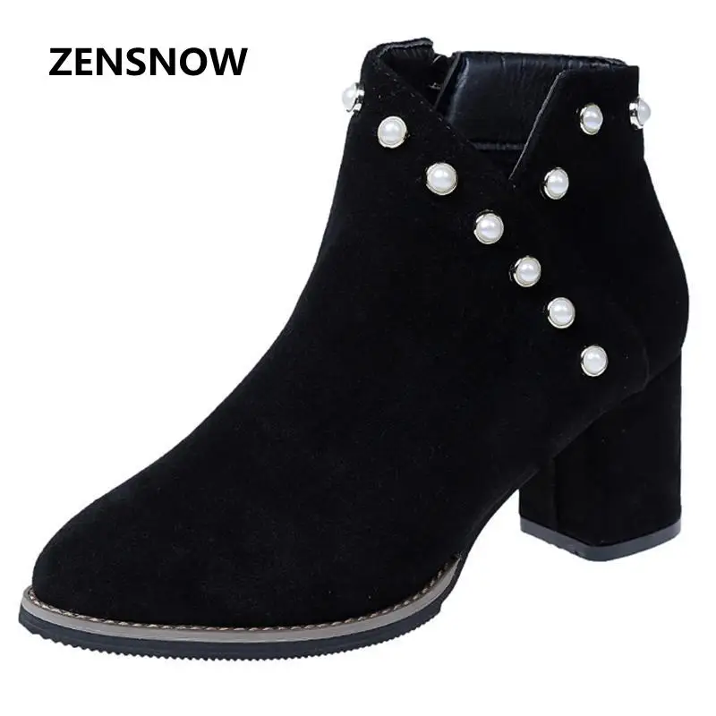 

Fashion Pearl High-heeled Boots All-match Sexy Nude Suede Short Boots Female Head Fall 2017 New Rough With Martin Boots