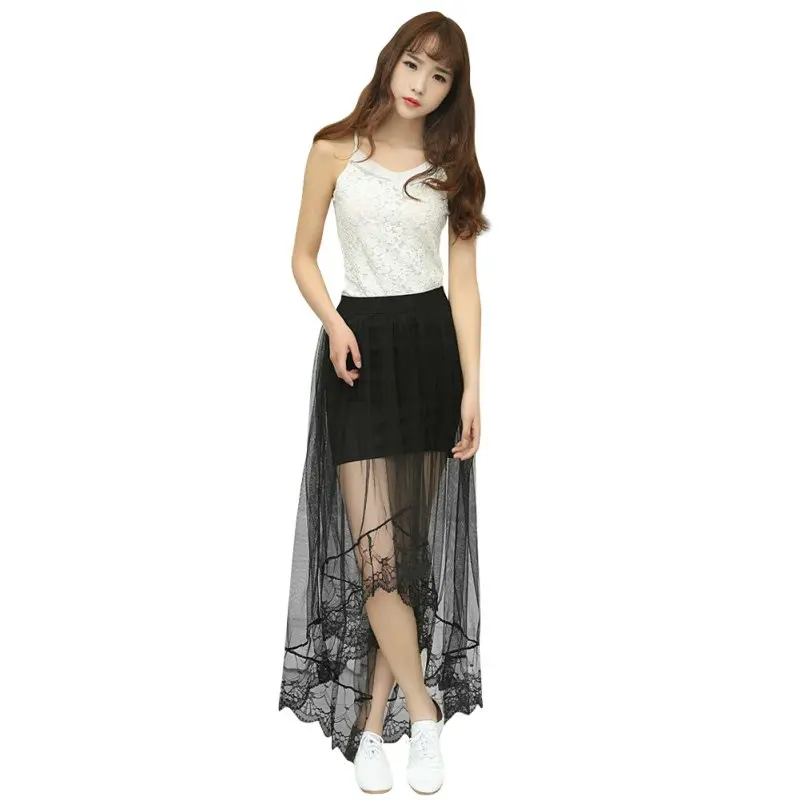 Женская юбка из тюля с высокой талией и сеткой, Длинная элегантная юбка Харадзюку, летние винтажные юбки - Цвет: Черный