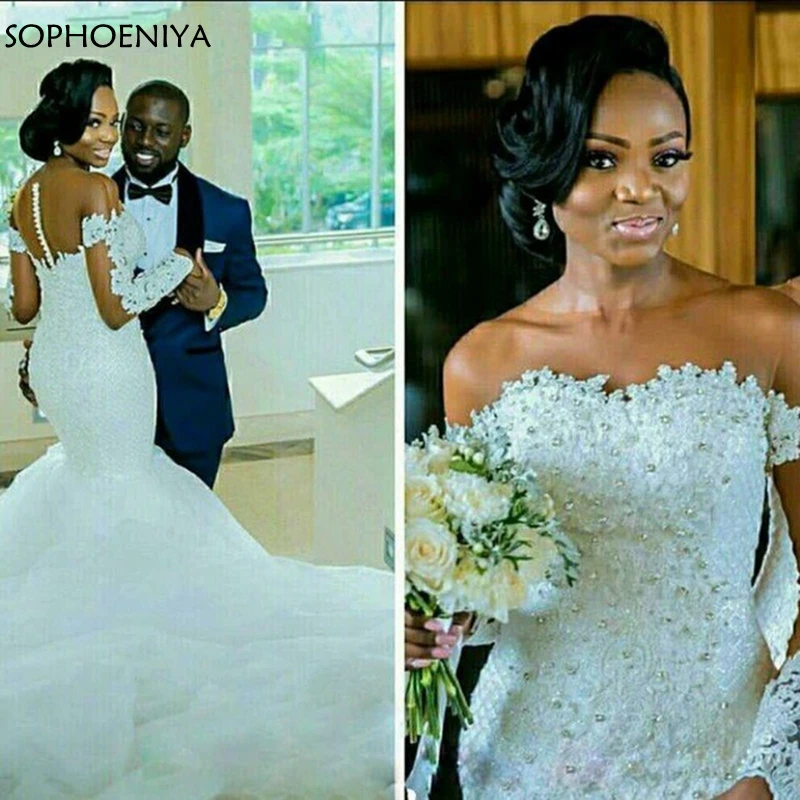 Vestido de novia одежда с длинным рукавом свадебные платья Русалочки жемчуг кружевное свадебное платье Robe de mariée South Африканское свадебное платье