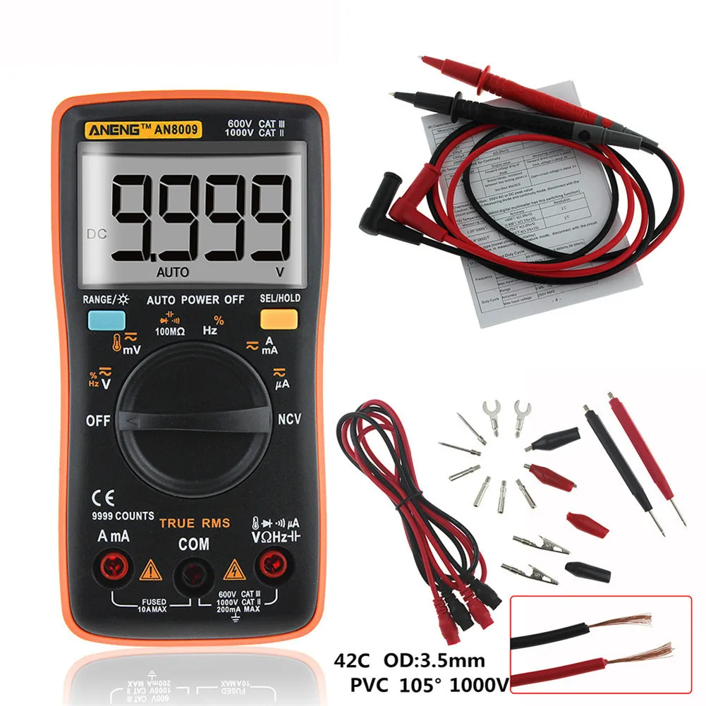 AN8009 True-RMS Auto Range LCD Digital Multimeter NCV Ohmmeter AC/DC Voltage Ammeter Current Meter Temperature Measurement