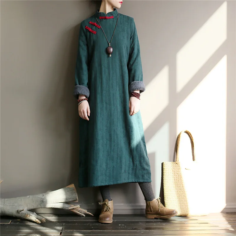 

Johnature 2019 Winter New Long Sleeve Dress Women Stand Warm Robes Button Chinese Style Cheongsam Vintage Thick Women Dresses