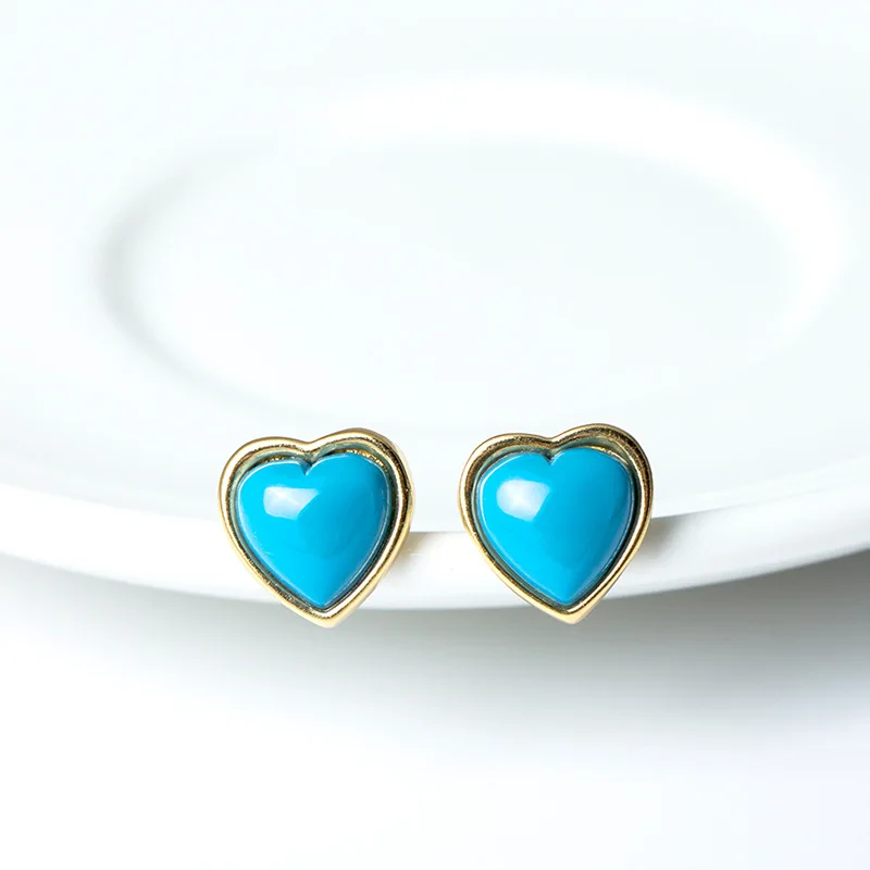 simple heart Turquoise 100% 925 Sterling silver Jewelry fashion Hypoallergenic Stud earrings for women gift