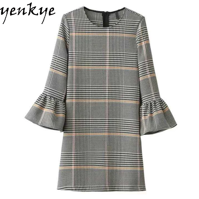 Zipper Back Flare Sleeve Plaid Print Dress