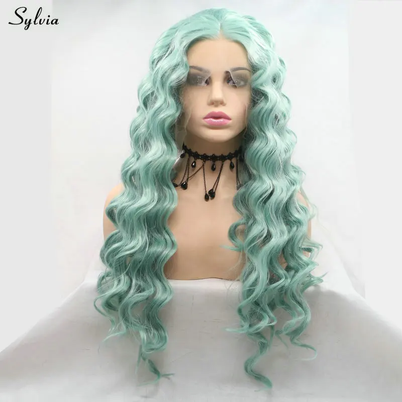 Sylvia Drag Queen Loose Wave Long Hair Pastel Blue Green Mixed Color Synthetic Lace Front Wigs for Women Cosplay Makeup Party