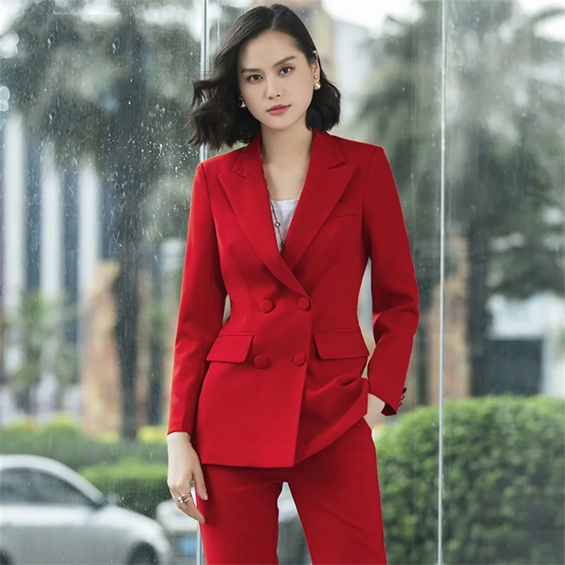 Work Pant Suits OL 2 Piece Set Women Business interview red double ...