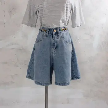

TUHAO 2018 Summer High Elastic Waist Shorts Casual Women Slim Denim Short Pants Washed Button Pockets Loose Wide Leg Pants LM18