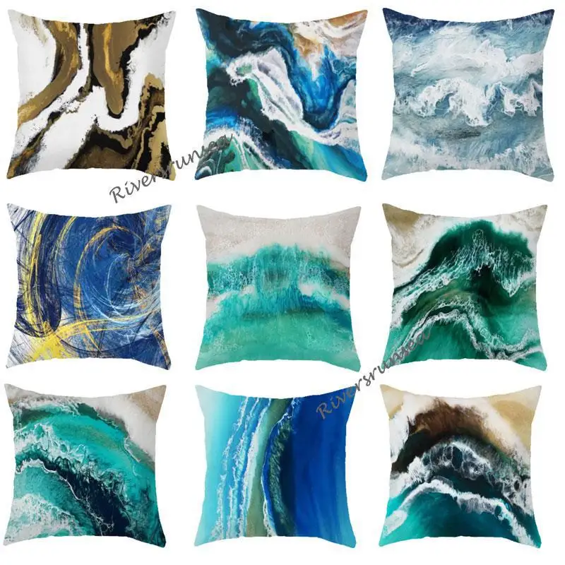 

Nordic Style Decoration Ocean Pillow Case Simple Sea Wave Ripple Print Plush Cushion Cover For Creative Living Room Sofa Chair