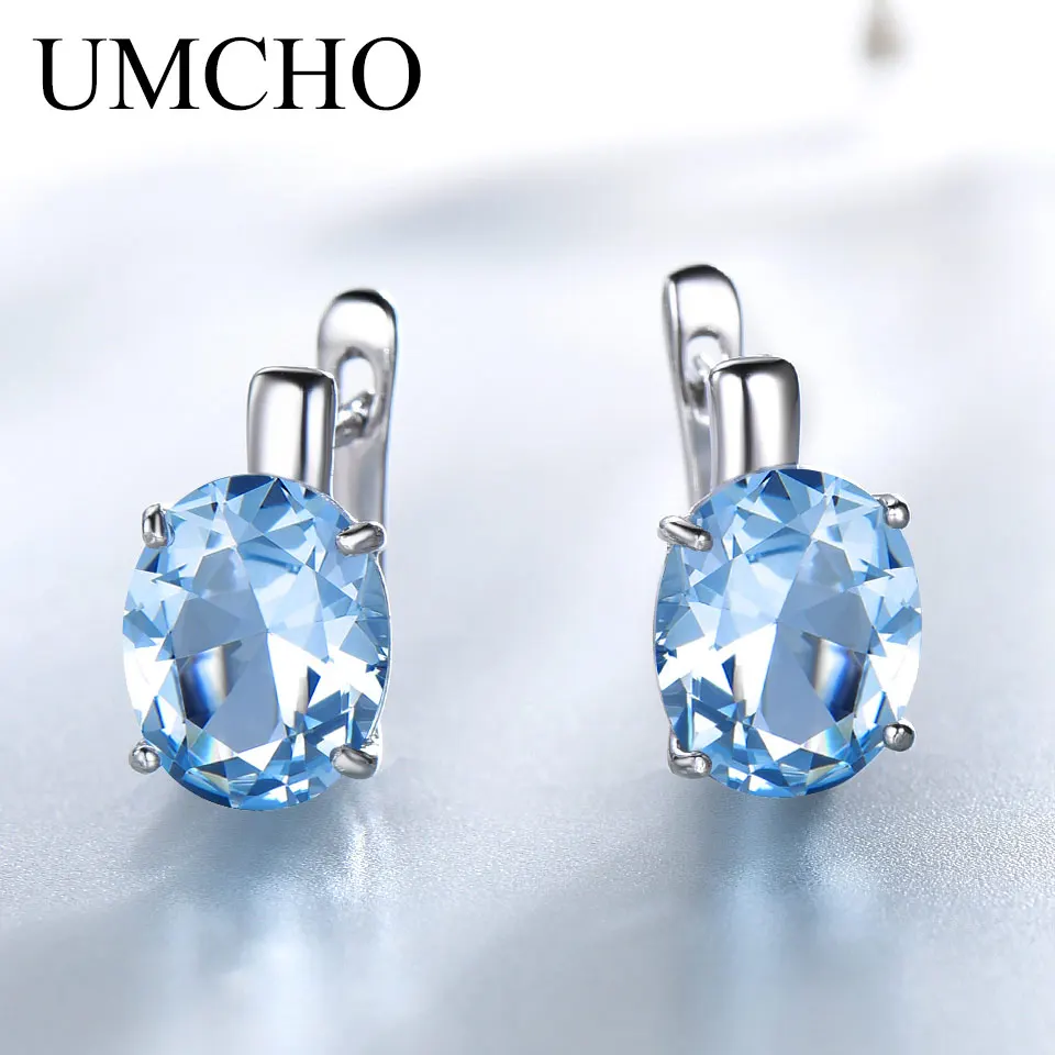 UMCHO голубой топаз клип серьги для женщин Твердые 925 пробы серебряные ювелирные изделия Овальный драгоценный камень корейский серьги подарок для нее ювелирные изделия
