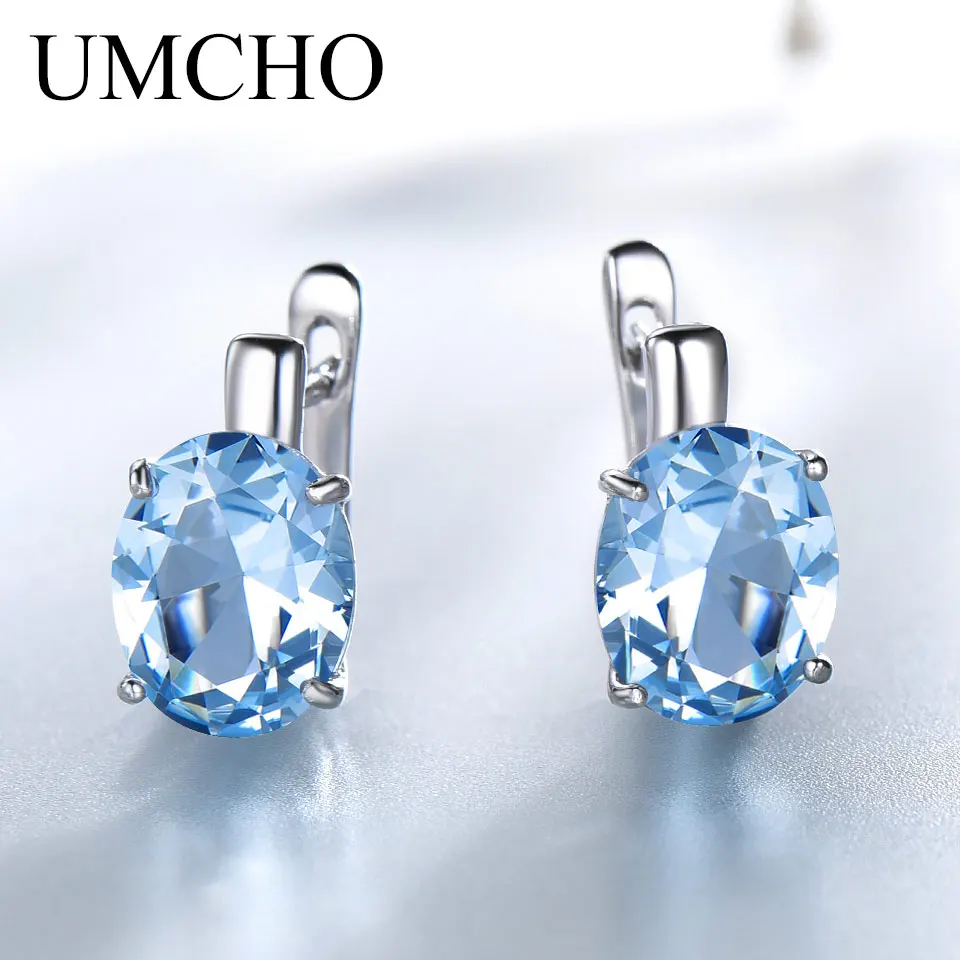 

UMCHO Blue Topaz Clip Earrings for Women Solid 925 Sterling Silver Jewelry Oval Gemstone Korean Earrings Gift for Her Jewelry
