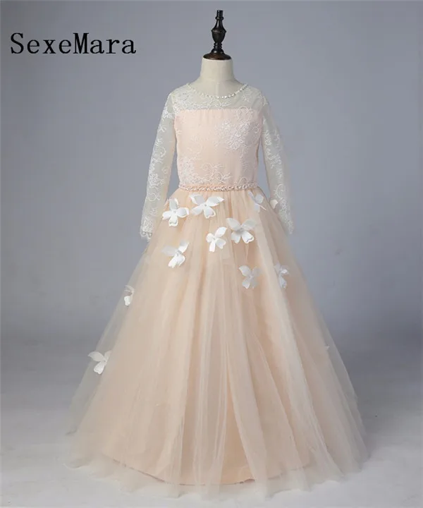 Custom Made Long Sleeve Flower Girl Dresses for Wedding 3D Flowers Ball Gown 2017 Little Girls Communion Party Pageant Dress