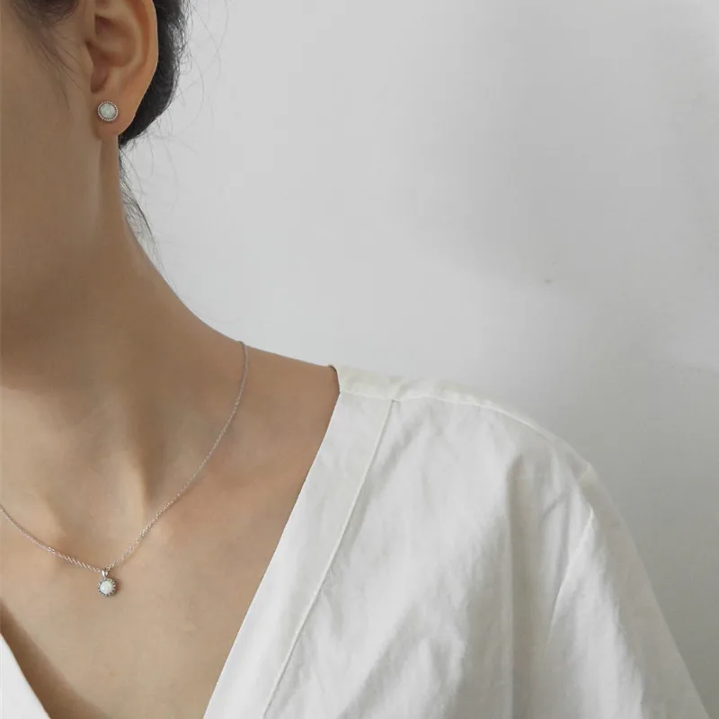 

PINJEAS silver opals pendant necklace clavicle earring set gifts for women jewelry