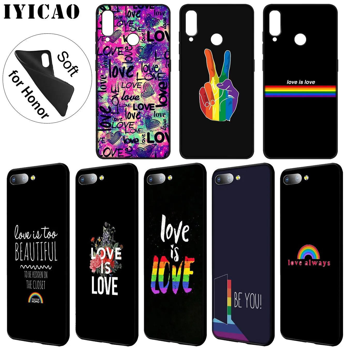 Мягкий чехол для телефона IYICAO Love Is LGBT Rainbow Heart Huawei Y9 Y7 Y6 Prime 2019 Honor 20 8C 8X 8 9 9X 10 Lite 7C 7X 7A