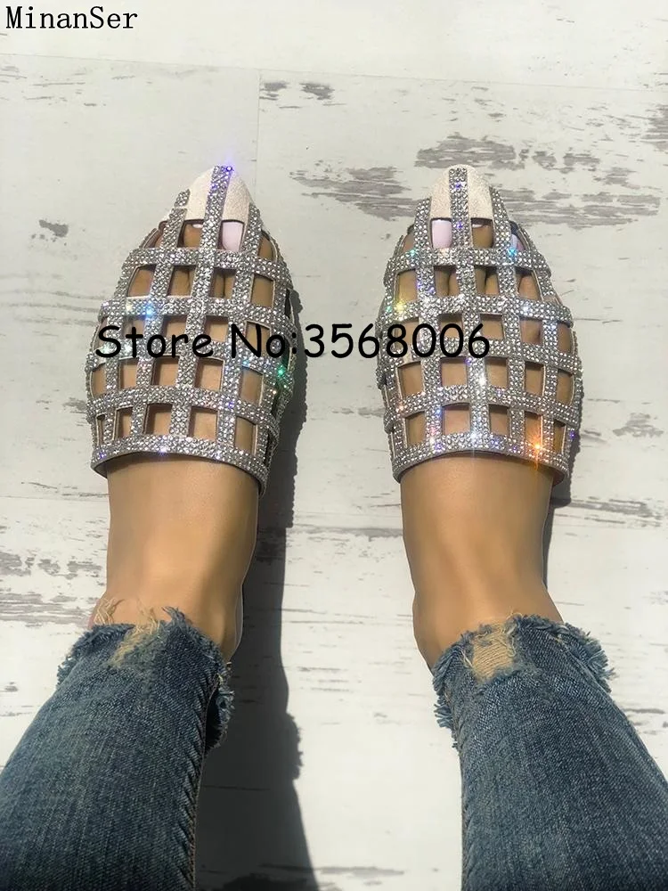 Glittering Hollow Out Pointed Toe Flat Sandals Rhinestone Summer