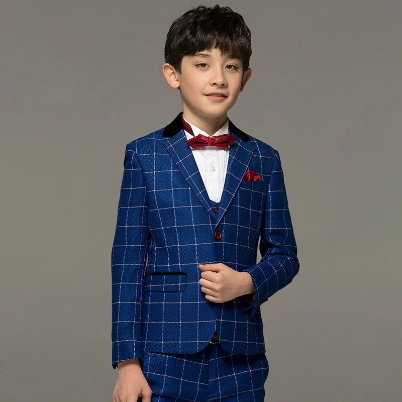 Brand boy clothes Blue Plaid England fashion child kid baby boy formal wedding suits kids tuxedo