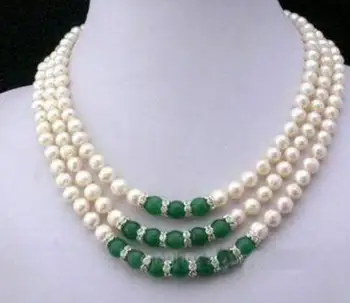 

free shipping 7-8MM Natural White Akoya Cultured Pearl & Green Hand Knotted necklace