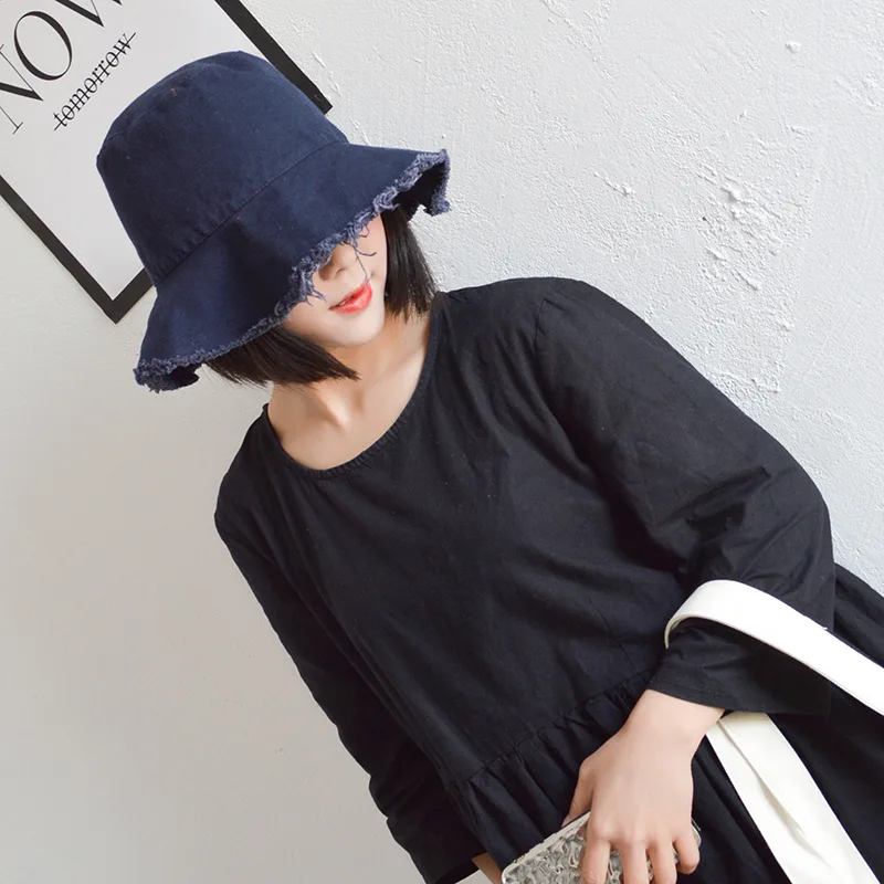 Женские шляпы с кисточками, затенение от солнца, простая однотонная Складная вымытая джинсовая Рыбацкая шляпа, Женская японская Стильная универсальная модная шикарная шляпа