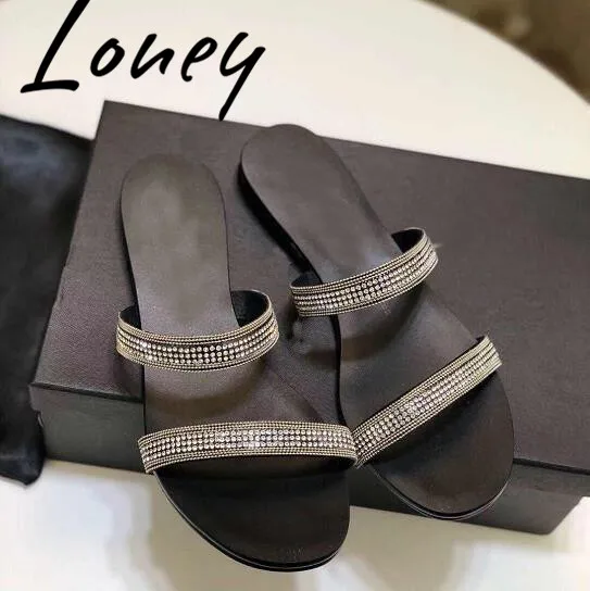 

Loney New Brand Crystal Beading Band Summer Slippers Open Toe Slip On Flats Beach Slippers Shoes Women